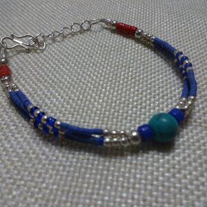 Tribal BLUE LAPIS, RED CORAL & TURQUOISE Beaded Silver Bracelet Size 7.5" #963B